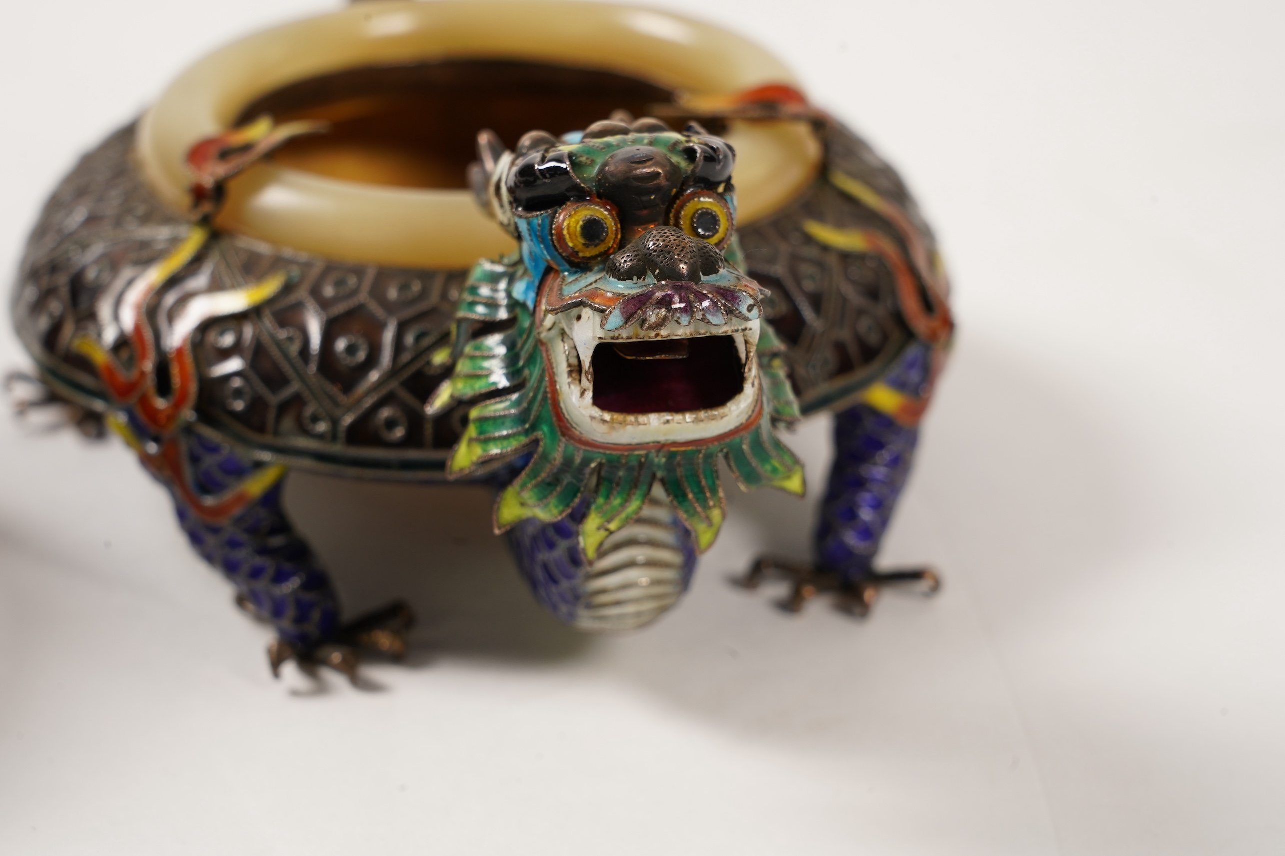 A pair of Chinese silver-gilt and enamel ’dragon’ bowls, 20th century